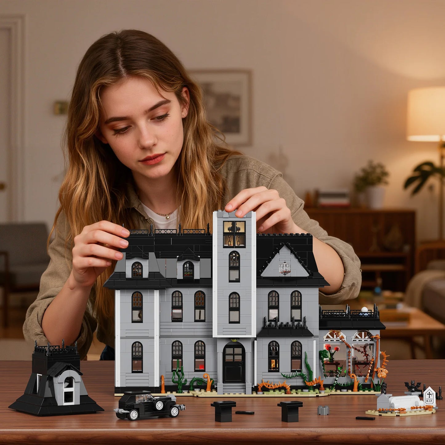 Gothic house Building Blocks Set Nightfall Manor Architecture Bricks Creative Home Decoration Desktop Ornament Halloween Gift for Adults