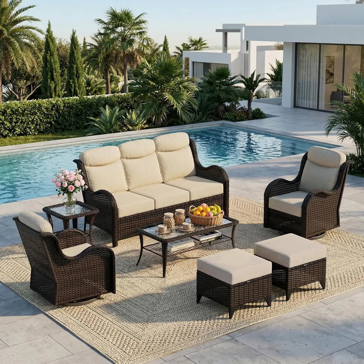 7 Pieces Outdoor Patio Furniture Set with 5" Thick Cushions, Weather-Resistant Wicker High Back Swivel Rocker, Customized