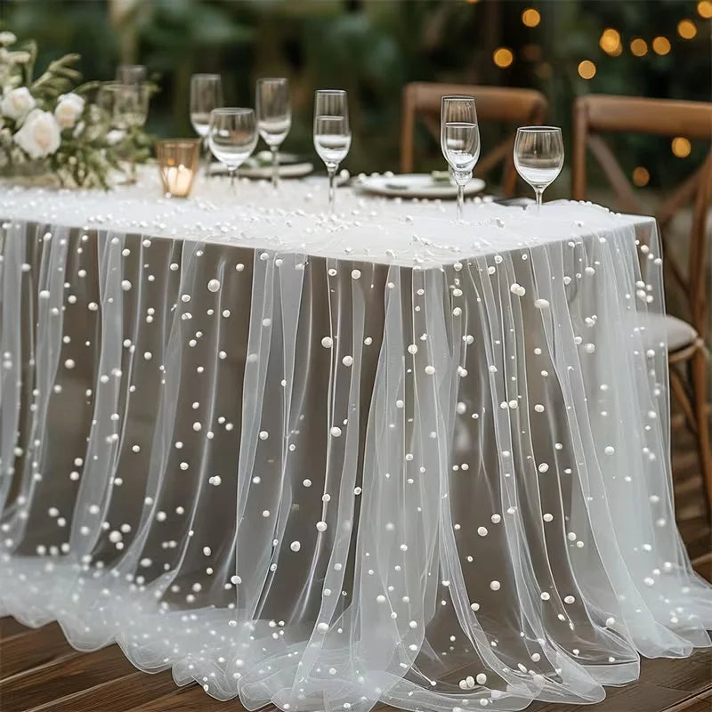 Pearl Table Runner Tulle Fabric Lace Boho Sheer Table Runner for Bridal Shower Birthday Party Wedding Arch Veil Dessert Decor