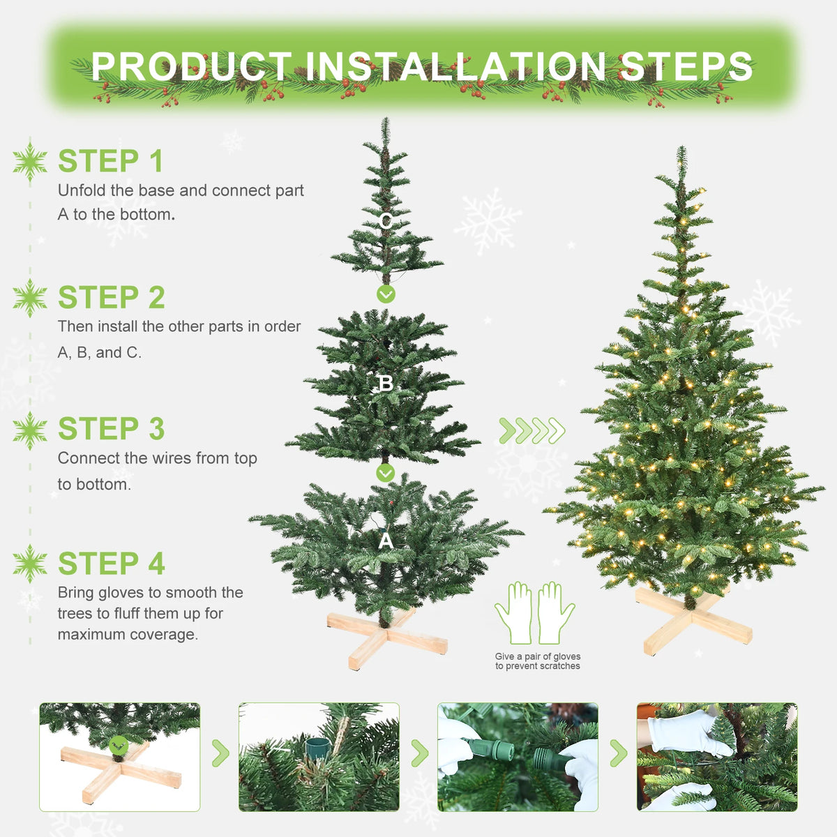 Pre-Lit Christmas Tree with Wooden Base, 7/8ft PE+PVC Layered Tips with 400/500 Warm White LEDs, Full Artificial Holiday Tree for Home Decor, Green