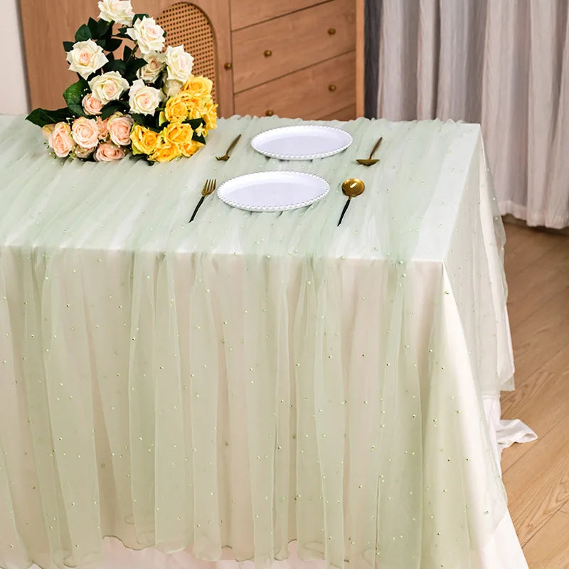 Pearl Table Runner Tulle Fabric Lace Boho Sheer Table Runner for Bridal Shower Birthday Party Wedding Arch Veil Dessert Decor