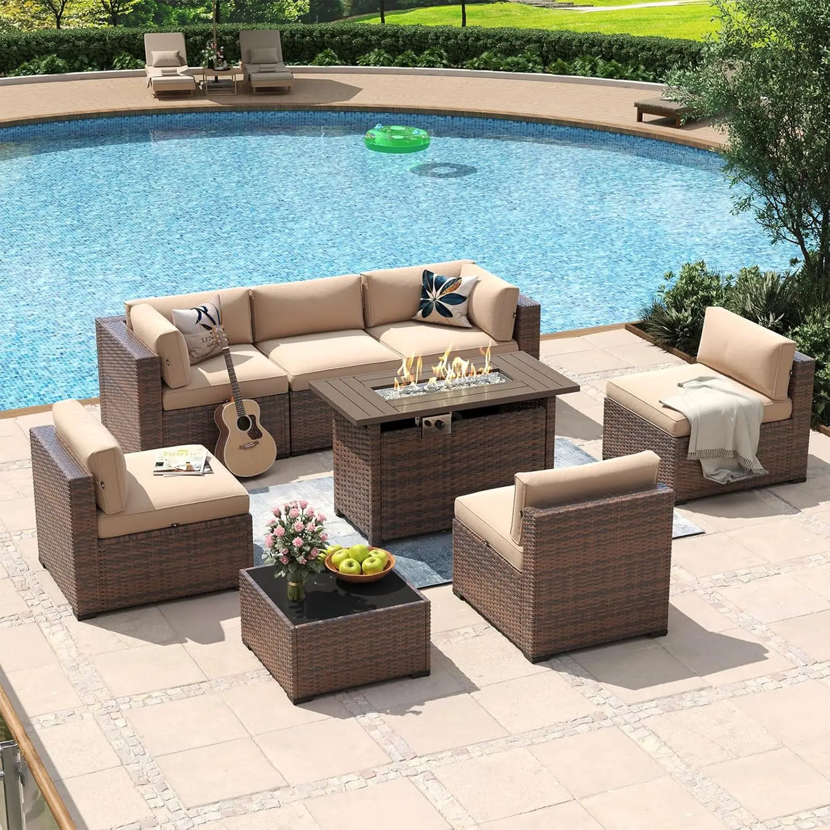 8 Piece Patio Furniture Set With 44” Fire Pit Table Wicker Rattan Outdoor Sectional Sofa Set With Coffee Table And, Customized
