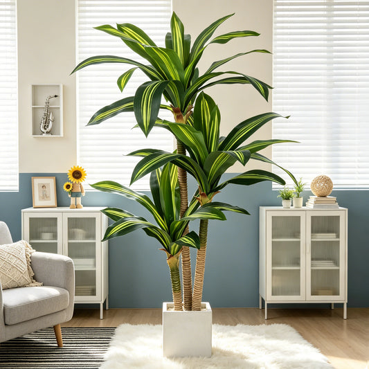 4ft/5ft/6ft Artificial Dracaena Tree in Pot - Realistic Faux Plastic Tropical Floor Plant with Easy Assembly, All-Season Indoor/Outdoor Decor for Home Office Living Room Porch, Housewarming Gift Perfect for Christmas Thanksgi
