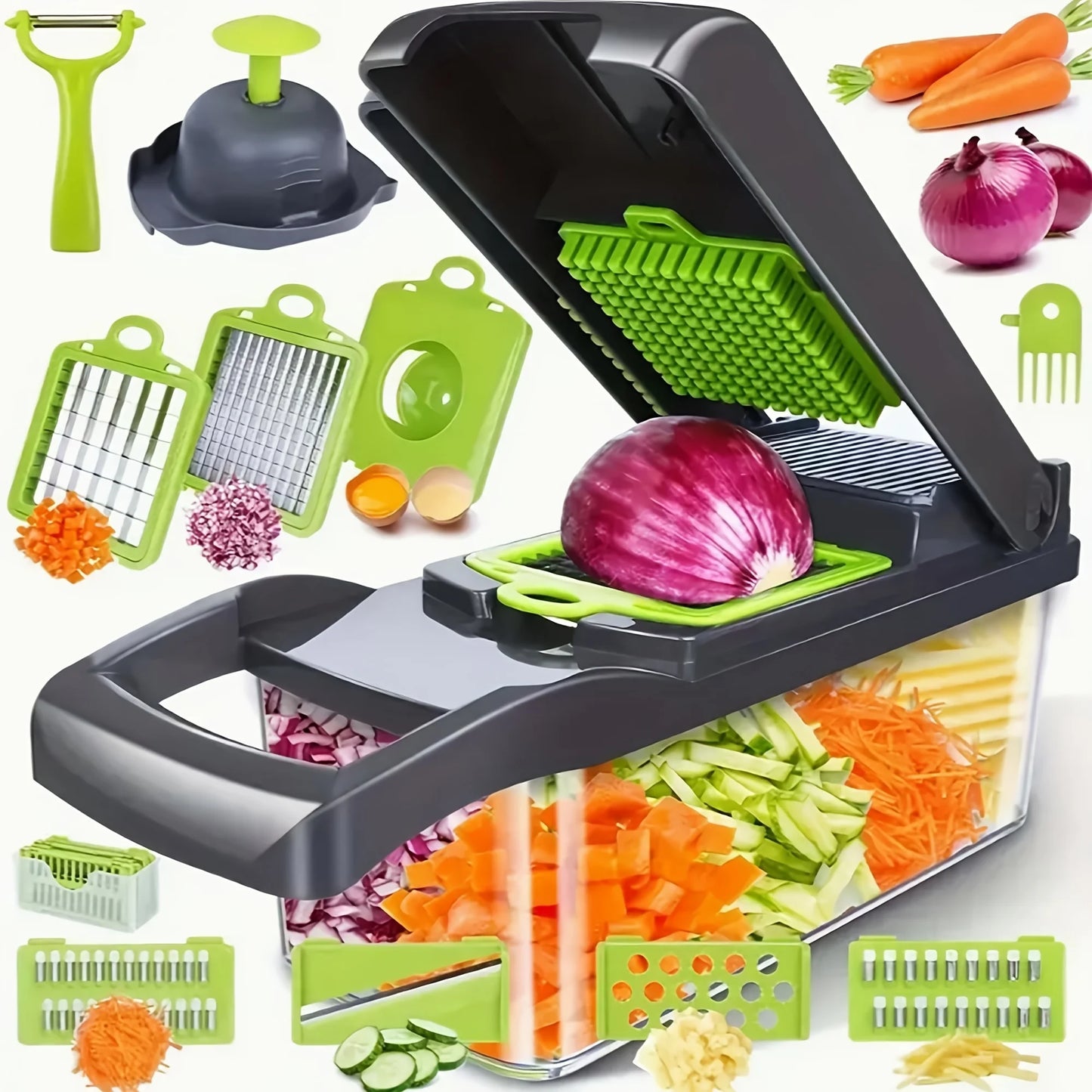 16-in-1 Manual Vegetable Chopper with Container & 8 Blades - Easy Onion, Carrot, Garlic Slicer - Father's Day Kitchen Gift