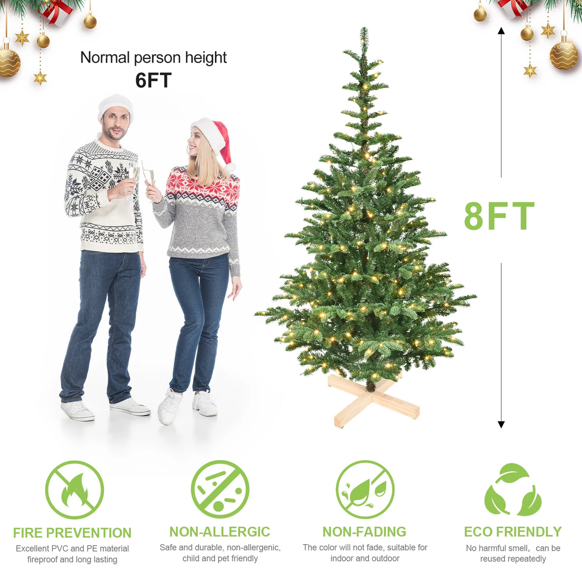 Pre-Lit Christmas Tree with Wooden Base, 7/8ft PE+PVC Layered Tips with 400/500 Warm White LEDs, Full Artificial Holiday Tree for Home Decor, Green