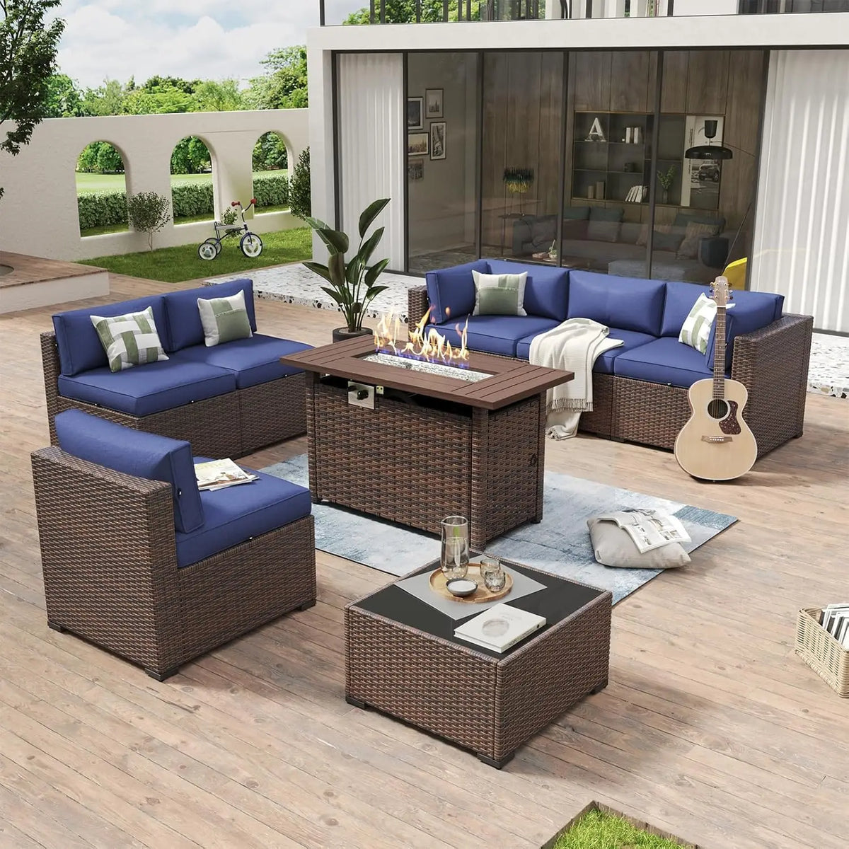 8 Piece Patio Furniture Set With 44” Fire Pit Table Wicker Rattan Outdoor Sectional Sofa Set With Coffee Table And, Customized