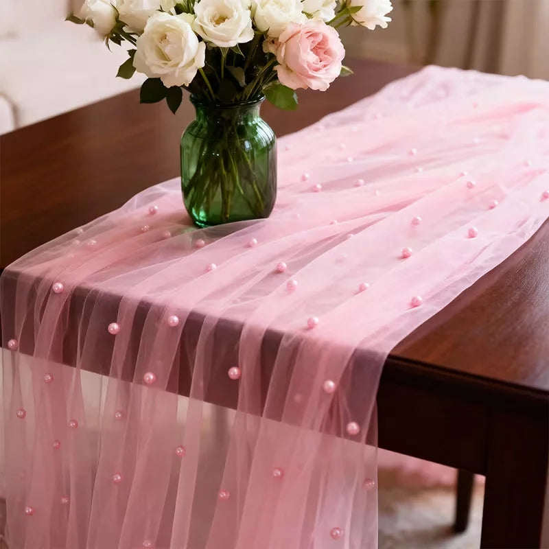 Pearl Table Runner Tulle Fabric Lace Boho Sheer Table Runner for Bridal Shower Birthday Party Wedding Arch Veil Dessert Decor