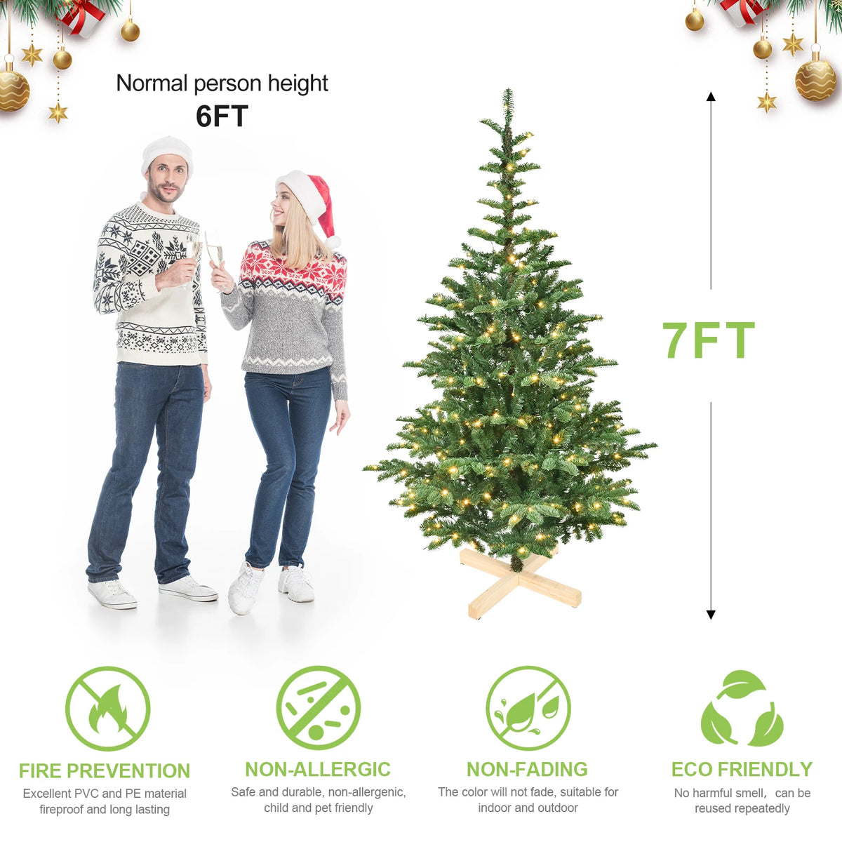 Pre-Lit Christmas Tree with Wooden Base, 7/8ft PE+PVC Layered Tips with 400/500 Warm White LEDs, Full Artificial Holiday Tree for Home Decor, Green