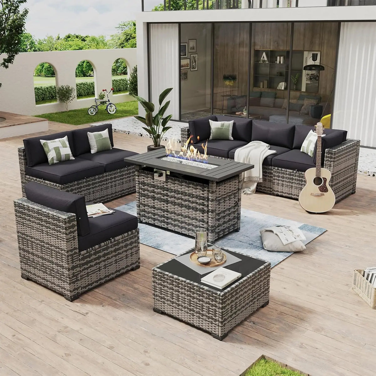 8 Piece Patio Furniture Set With 44” Fire Pit Table Wicker Rattan Outdoor Sectional Sofa Set With Coffee Table And, Customized