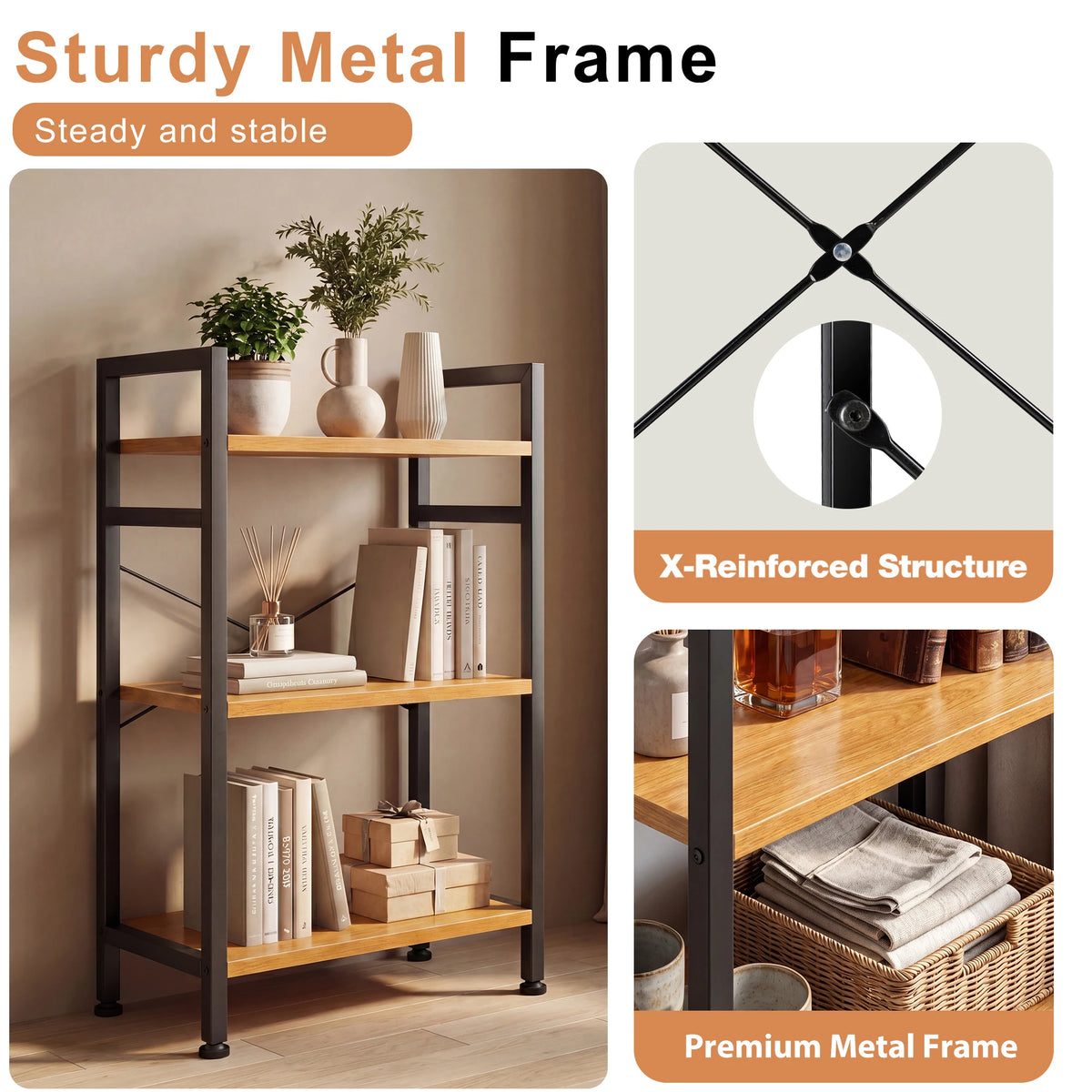 MCQ 3 Tiers Metal Classic Bookshelf Freestanding Tall Display Shelf Wooden Storage Tall Display Shelves Bookshelf Sturdy Structure Graduated Shelves Adjustable Feet for Home