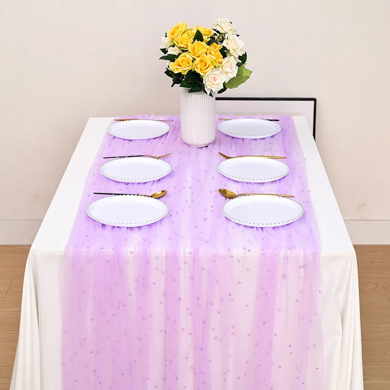Pearl Table Runner Tulle Fabric Lace Boho Sheer Table Runner for Bridal Shower Birthday Party Wedding Arch Veil Dessert Decor