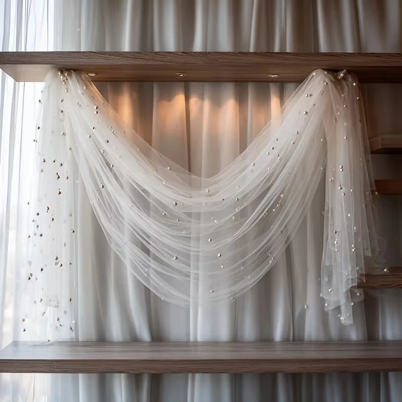 Pearl Table Runner Tulle Fabric Lace Boho Sheer Table Runner for Bridal Shower Birthday Party Wedding Arch Veil Dessert Decor