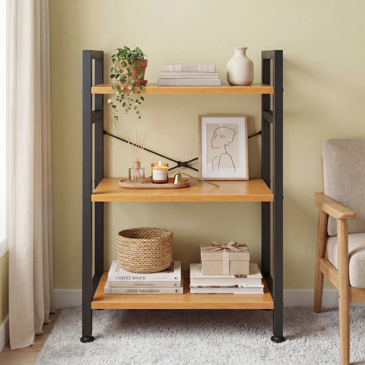 MCQ 3 Tiers Metal Classic Bookshelf Freestanding Tall Display Shelf Wooden Storage Tall Display Shelves Bookshelf Sturdy Structure Graduated Shelves Adjustable Feet for Home