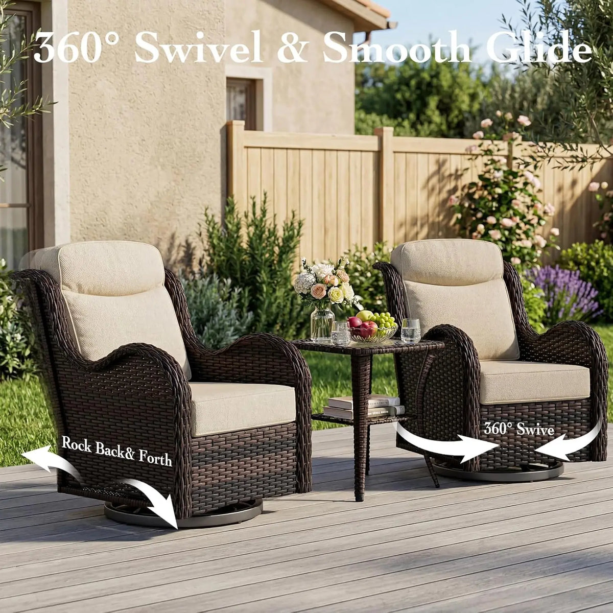 7 Pieces Outdoor Patio Furniture Set with 5" Thick Cushions, Weather-Resistant Wicker High Back Swivel Rocker, Customized