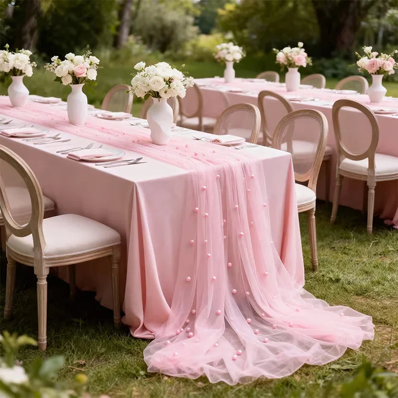 Pearl Table Runner Tulle Fabric Lace Boho Sheer Table Runner for Bridal Shower Birthday Party Wedding Arch Veil Dessert Decor