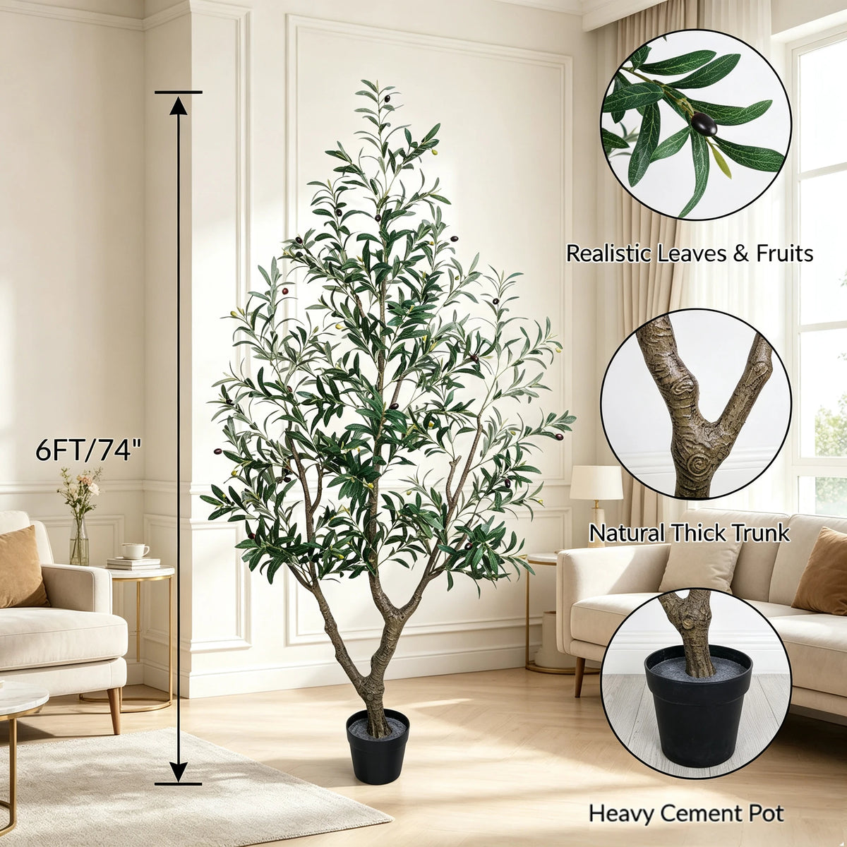 1.5/1.8/2.1m Artificial Olive Tree PE Real Touch Faux Olive Tree with Black Pot Outdoor Indoor Artificial Plants with Natural Wood Trunk and Lifelike Fruits for Home Office Decor