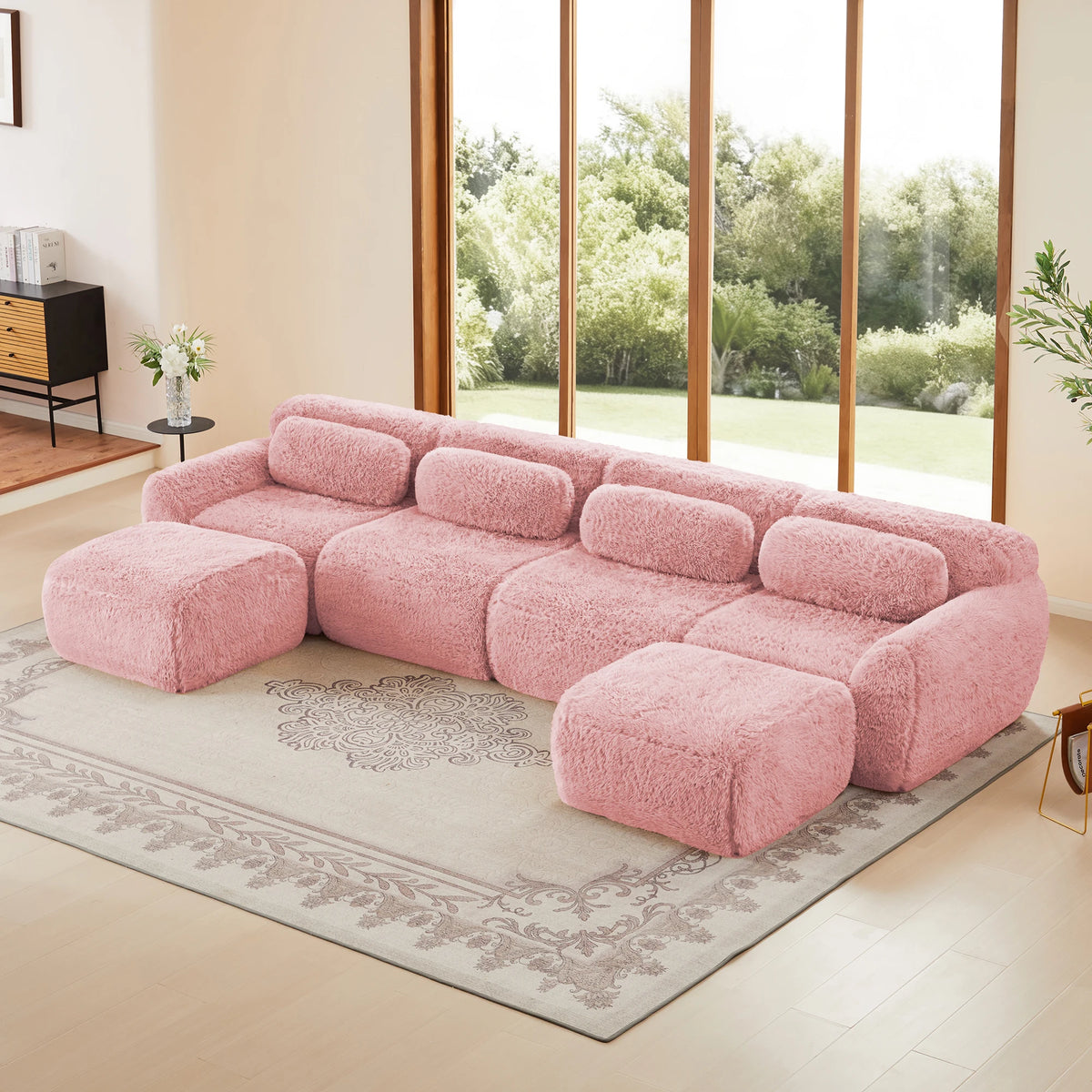 U-Shaped Boneless Sofa with 32D High Density Sponge, 4-Seat Modular Plush Couch with Non-Slip Base, No Assembly Required Ergonomic Design for Living Room Study, Chocolate