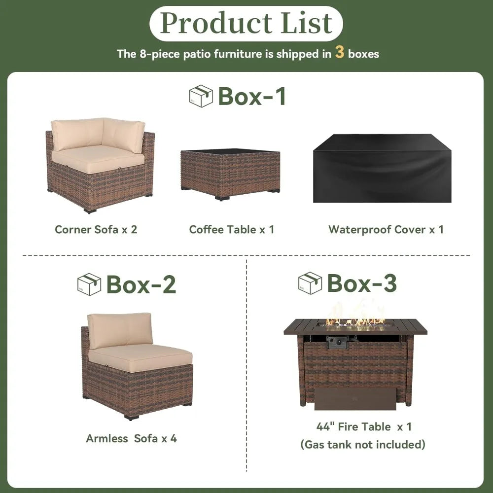 8 Piece Patio Furniture Set With 44” Fire Pit Table Wicker Rattan Outdoor Sectional Sofa Set With Coffee Table And, Customized