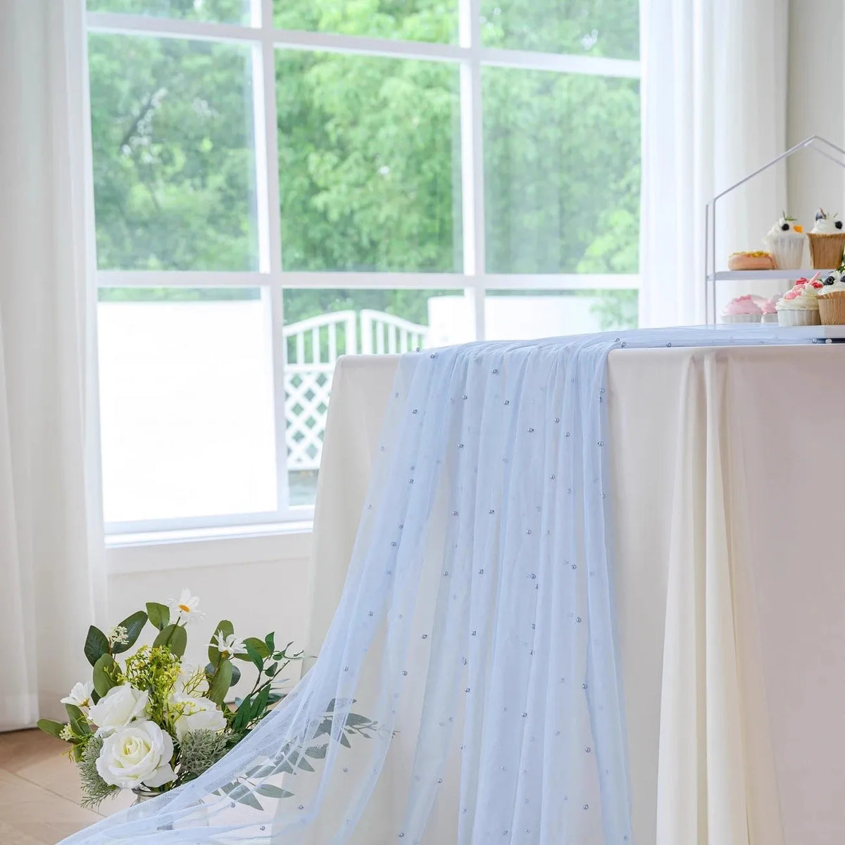 Pearl Table Runner Tulle Fabric Lace Boho Sheer Table Runner for Bridal Shower Birthday Party Wedding Arch Veil Dessert Decor