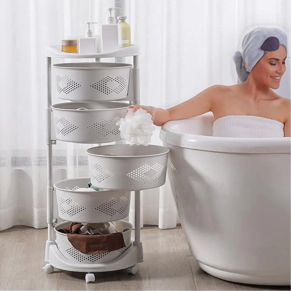 Kitchen Storage Cart, 5 Tier Circular Rotating Basket, Large Storage Rack with 360 Degree Wheels,Rotatable Basket for Bathroom