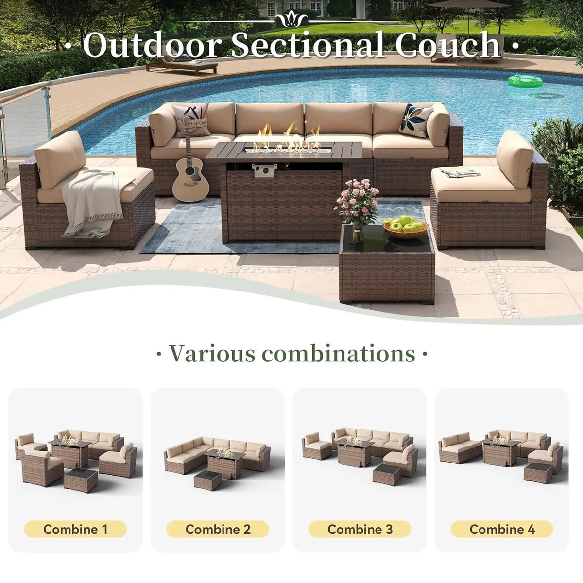 8 Piece Patio Furniture Set With 44” Fire Pit Table Wicker Rattan Outdoor Sectional Sofa Set With Coffee Table And, Customized