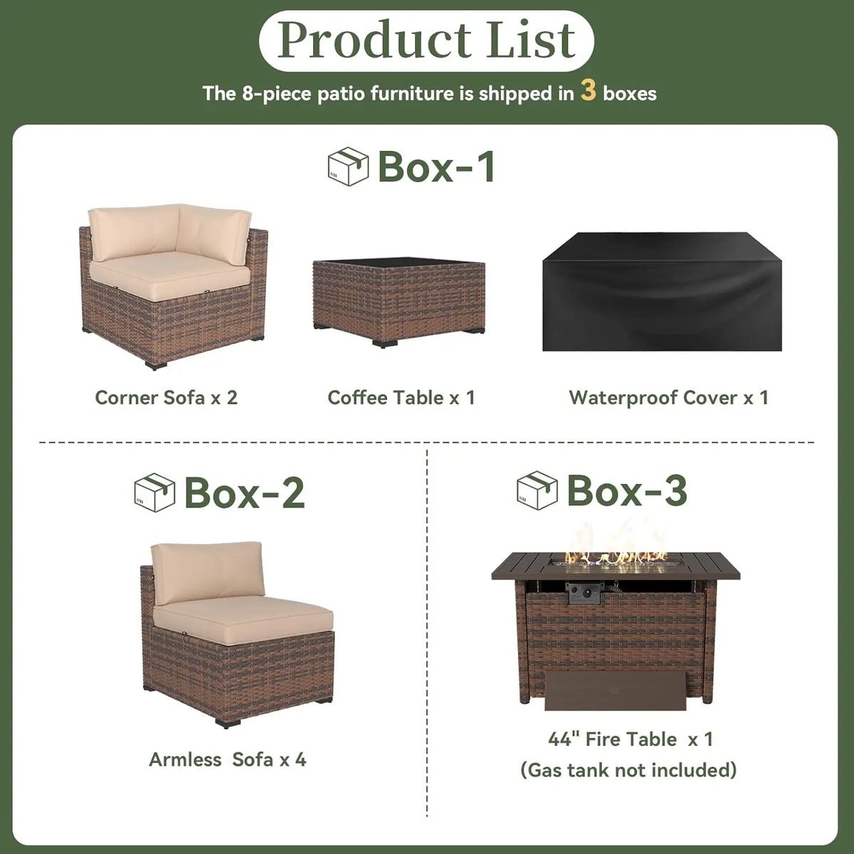 8 Piece Patio Furniture Set With 44” Fire Pit Table Wicker Rattan Outdoor Sectional Sofa Set With Coffee Table And, Customized