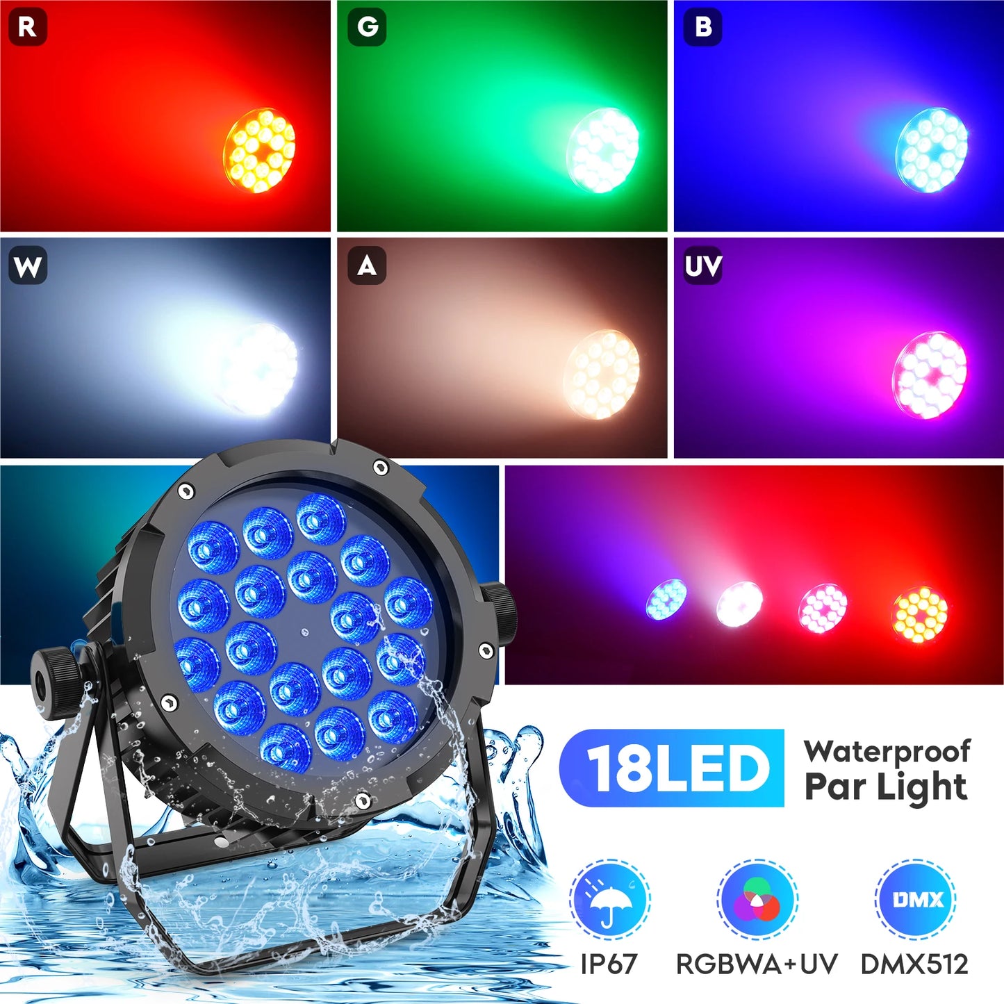 U'King 4PCS 150W LED Par Light 18x10W RGBWA+UV Waterproof 6in1 18LED Fixture Beads Stage Light DMX512 DJ Light for Disco Dance