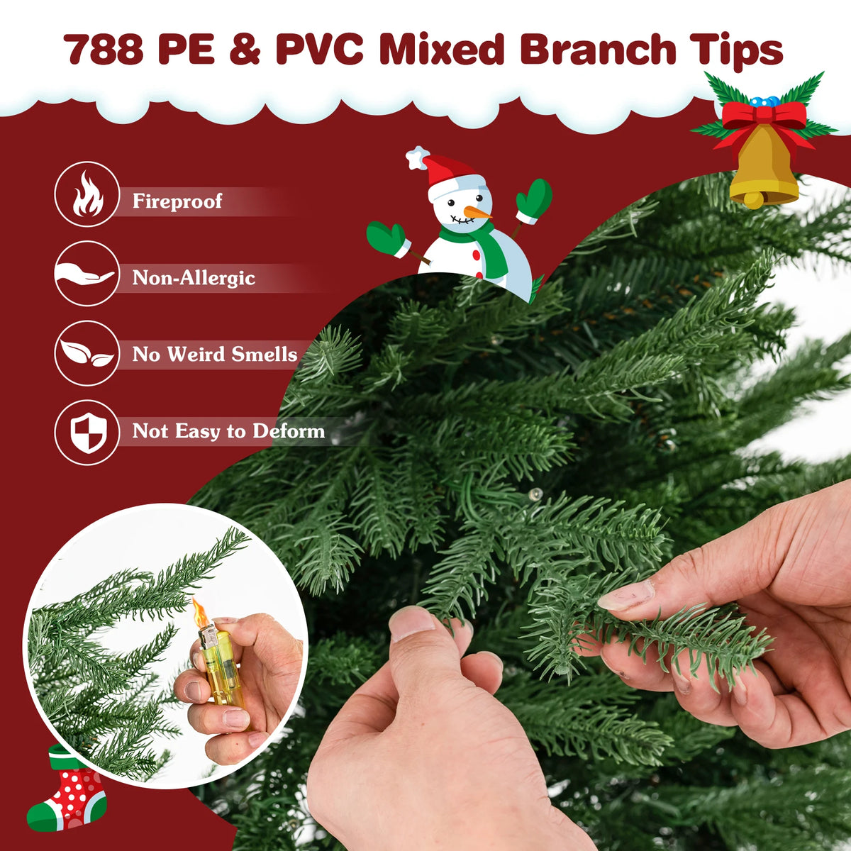 6 FT Pre-Lit Artificial Christmas Tree Hinged 788 Branch Tips & 280 LED Lights