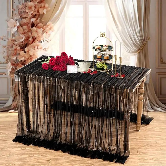 Pearl Table Runner Tulle Fabric Lace Boho Sheer Table Runner for Bridal Shower Birthday Party Wedding Arch Veil Dessert Decor