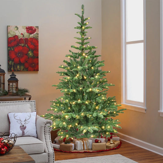 Pre-Lit Christmas Tree with Wooden Base, 7/8ft PE+PVC Layered Tips with 400/500 Warm White LEDs, Full Artificial Holiday Tree for Home Decor, Green