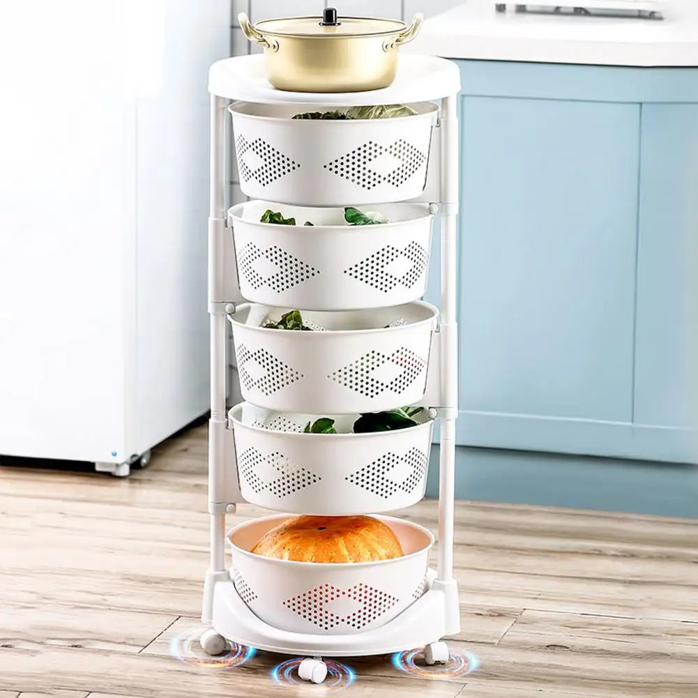 Kitchen Storage Cart, 5 Tier Circular Rotating Basket, Large Storage Rack with 360 Degree Wheels,Rotatable Basket for Bathroom