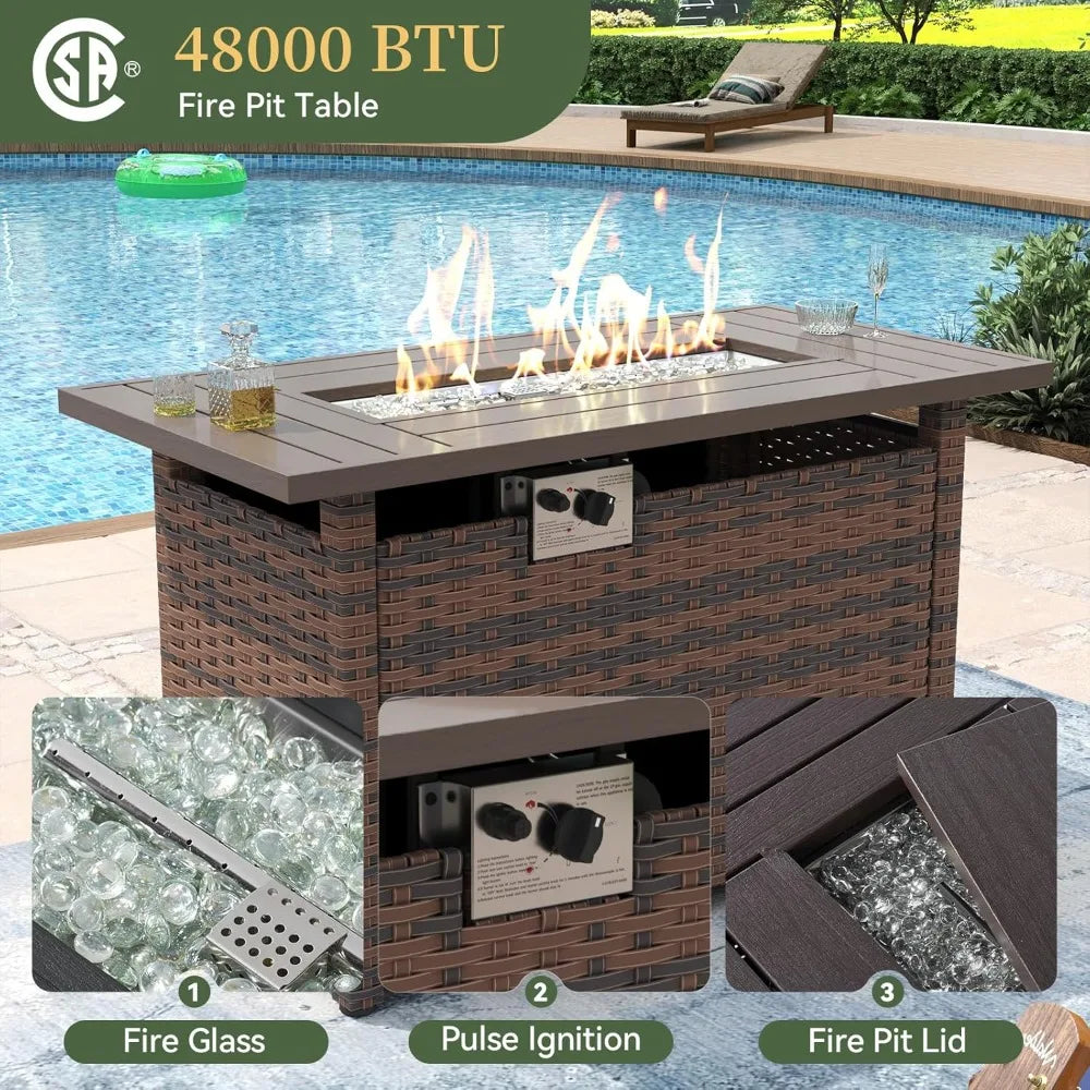 8 Piece Patio Furniture Set With 44” Fire Pit Table Wicker Rattan Outdoor Sectional Sofa Set With Coffee Table And, Customized