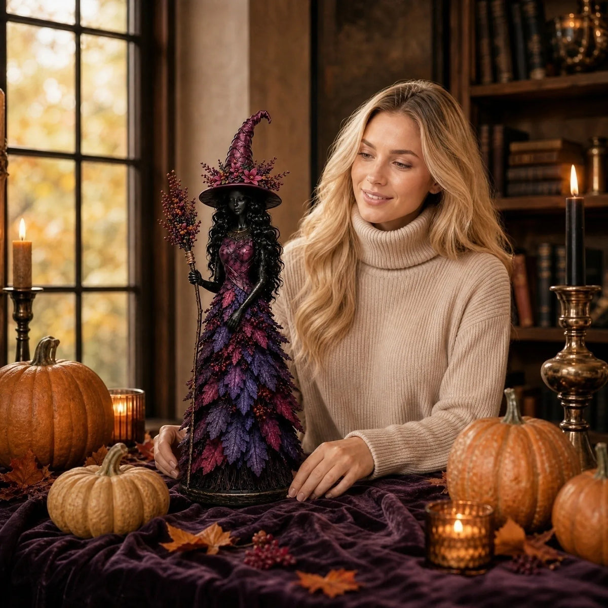 15CM Leaf Witch Figurine Halloween Statue Berry Staff Decor Craft Ornament Halloween Decor Statue Berry Staff Ornament Set