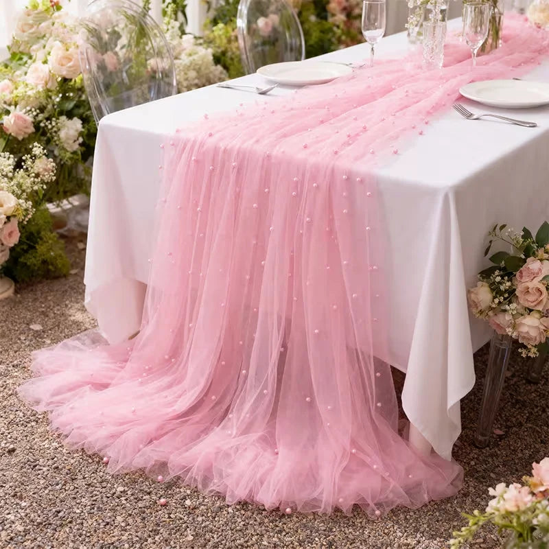 Pearl Table Runner Tulle Fabric Lace Boho Sheer Table Runner for Bridal Shower Birthday Party Wedding Arch Veil Dessert Decor