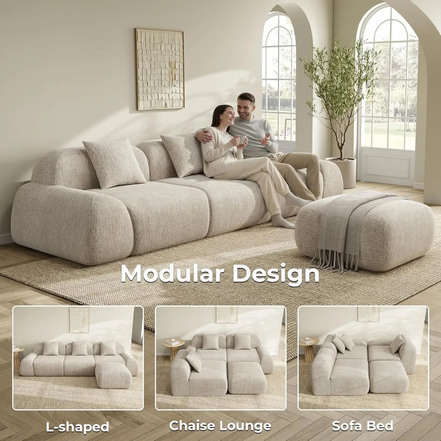 Modular Sectional Sofa Ottoman 110in L-Shape Chenille Upholstery Deep Seat Living Room No Assembly Custom