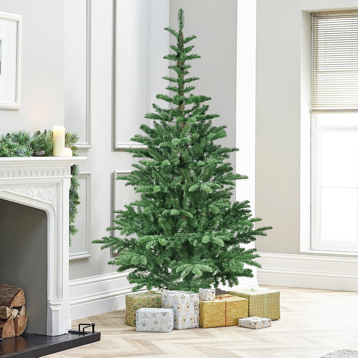 Pre-Lit Christmas Tree with Wooden Base, 7/8ft PE+PVC Layered Tips with 400/500 Warm White LEDs, Full Artificial Holiday Tree for Home Decor, Green