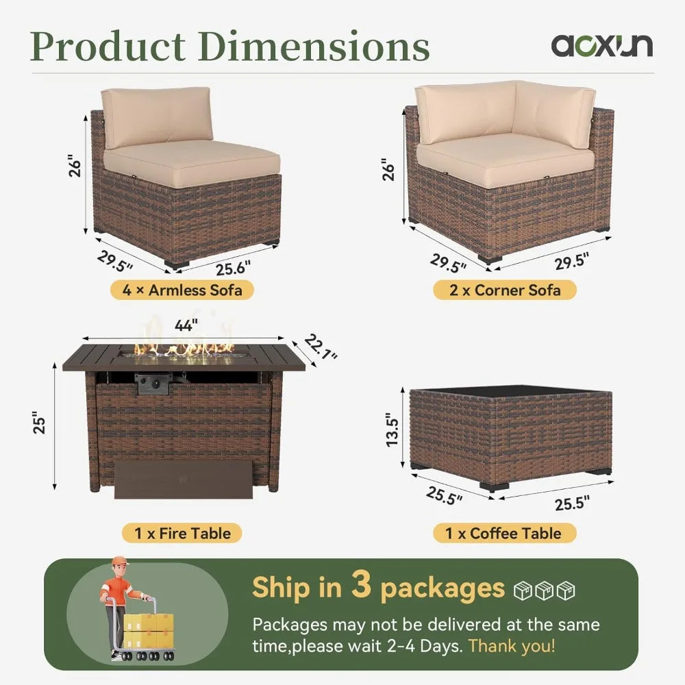 8 Piece Patio Furniture Set With 44” Fire Pit Table Wicker Rattan Outdoor Sectional Sofa Set With Coffee Table And, Customized