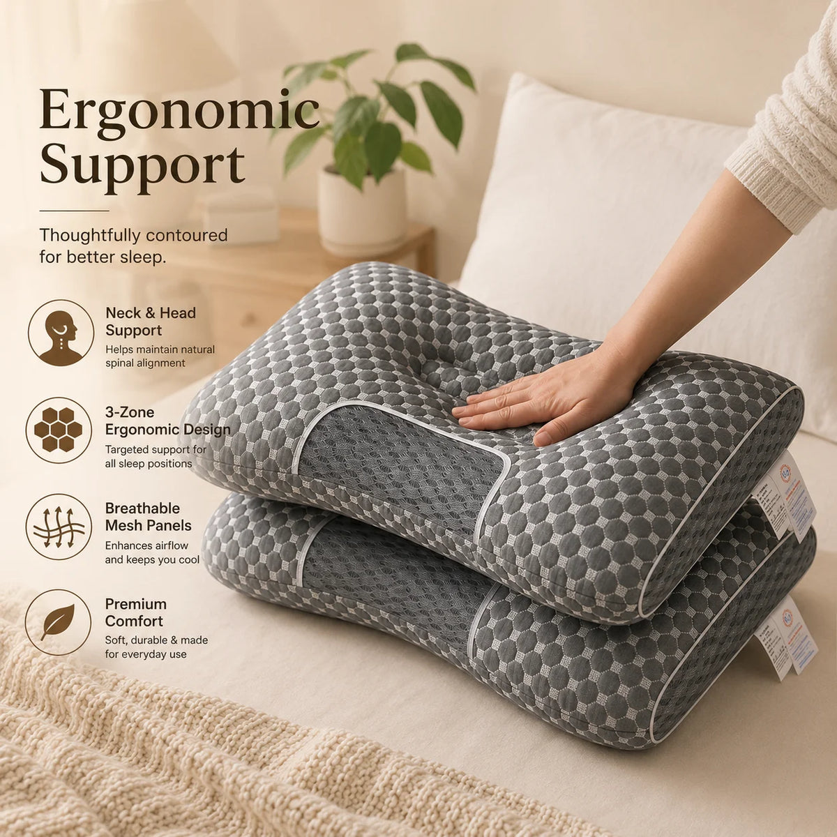 Soybean Fiber Ergonomic Cervical Pillow for Neck Support, Contour Sleeping Pillow for Side Back Sleepers, Breathable Support Pillow for Head Neck & Shoulders