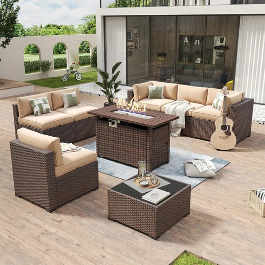 8 Piece Patio Furniture Set With 44” Fire Pit Table Wicker Rattan Outdoor Sectional Sofa Set With Coffee Table And, Customized