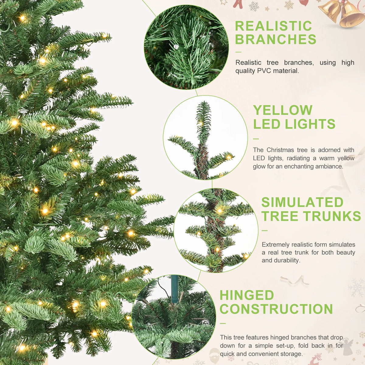 Pre-Lit Christmas Tree with Wooden Base, 7/8ft PE+PVC Layered Tips with 400/500 Warm White LEDs, Full Artificial Holiday Tree for Home Decor, Green