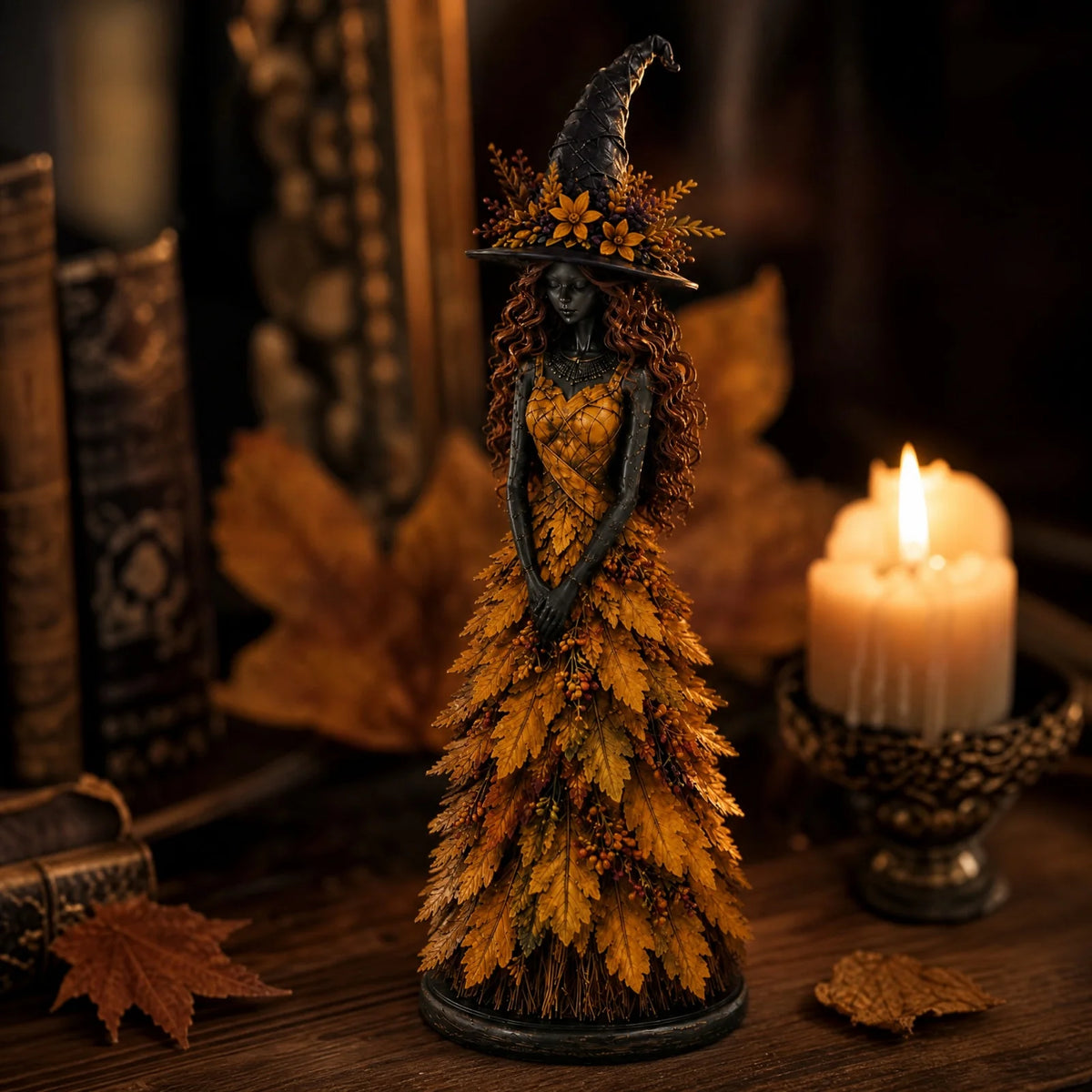 15CM Leaf Witch Figurine Halloween Statue Berry Staff Decor Craft Ornament Halloween Decor Statue Berry Staff Ornament Set